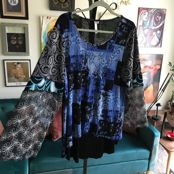 HAND JIVE size XL Blue & Black Mixed Patterns Wearable Asian Art Tunic Top - Picture 1 of 7